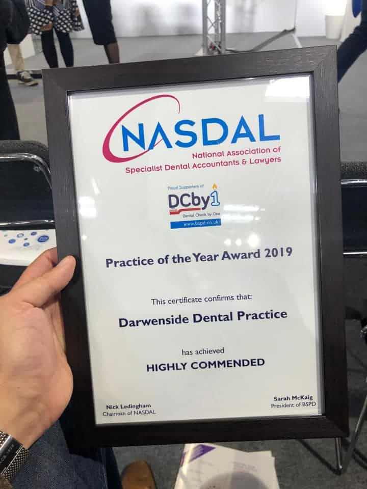 The Highly Commended Award given to Darwenside Dental Practice at the BDIA Dental Showcase 2019