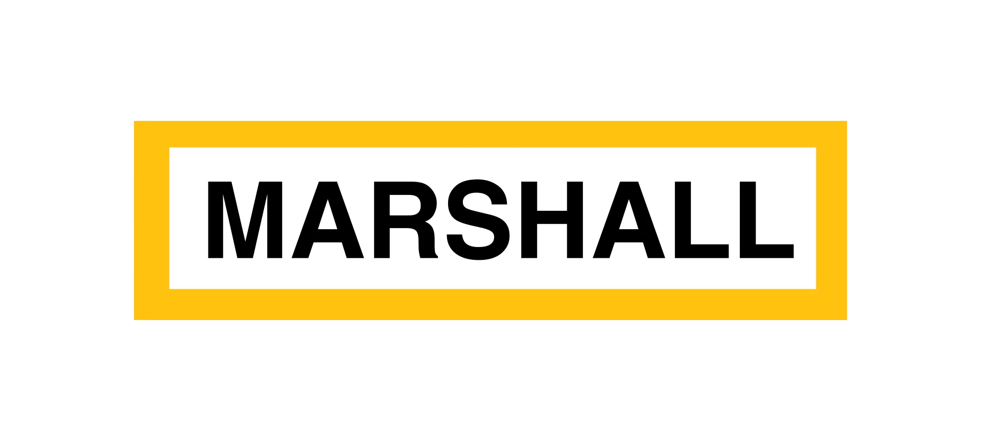 Marshall logo with yellow border on black background.