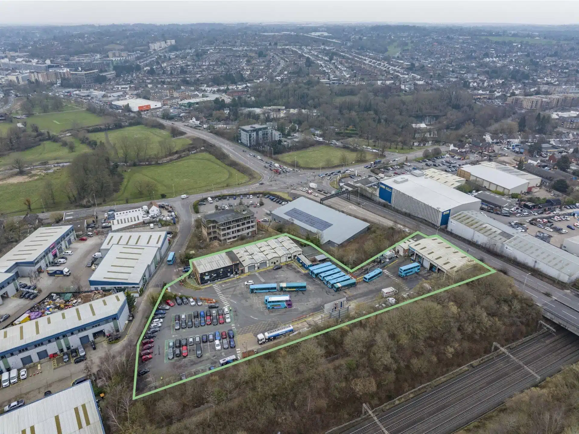 Industrial estate and car park aerial view
