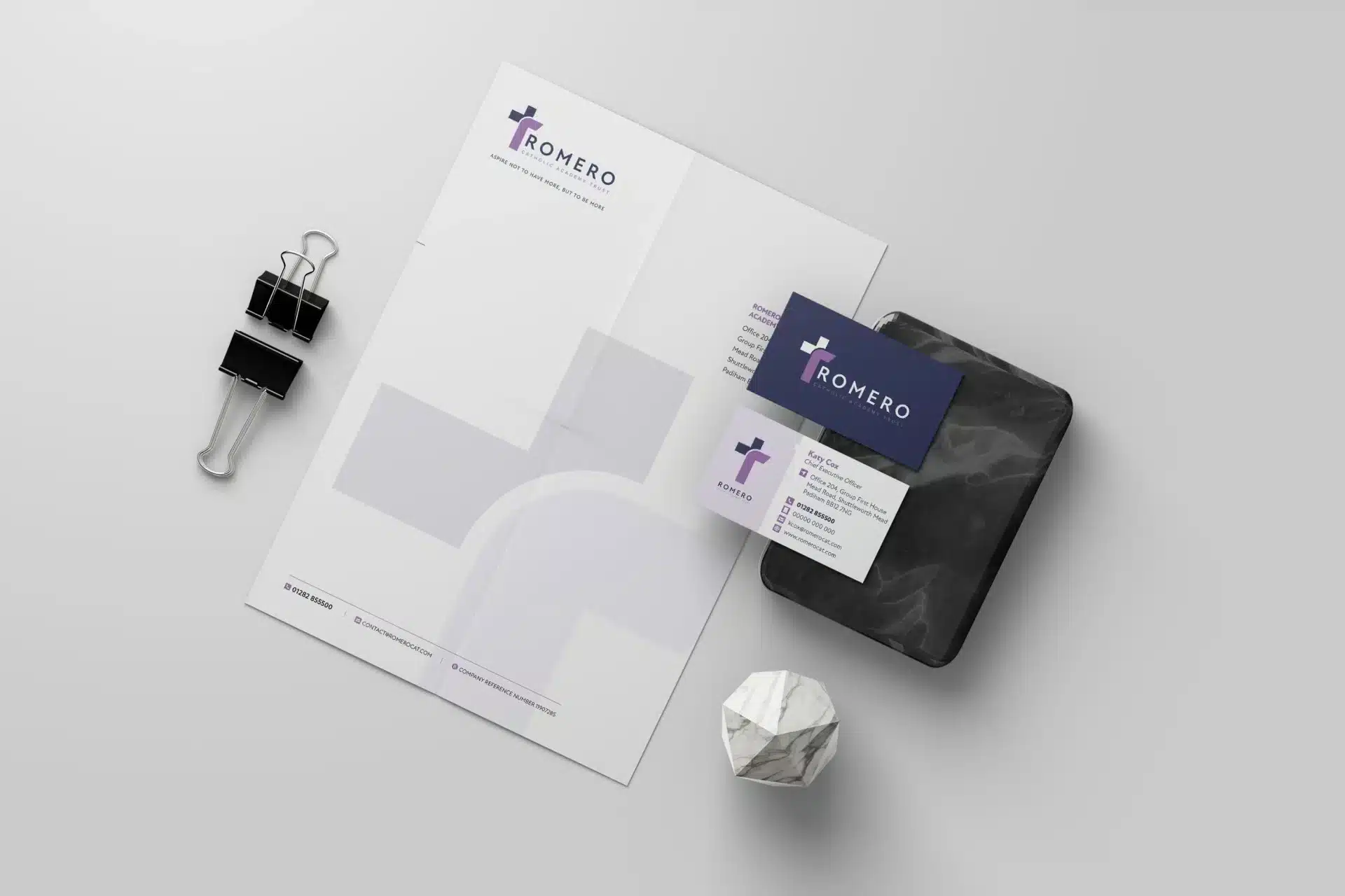 Romero branding stationery set on desk