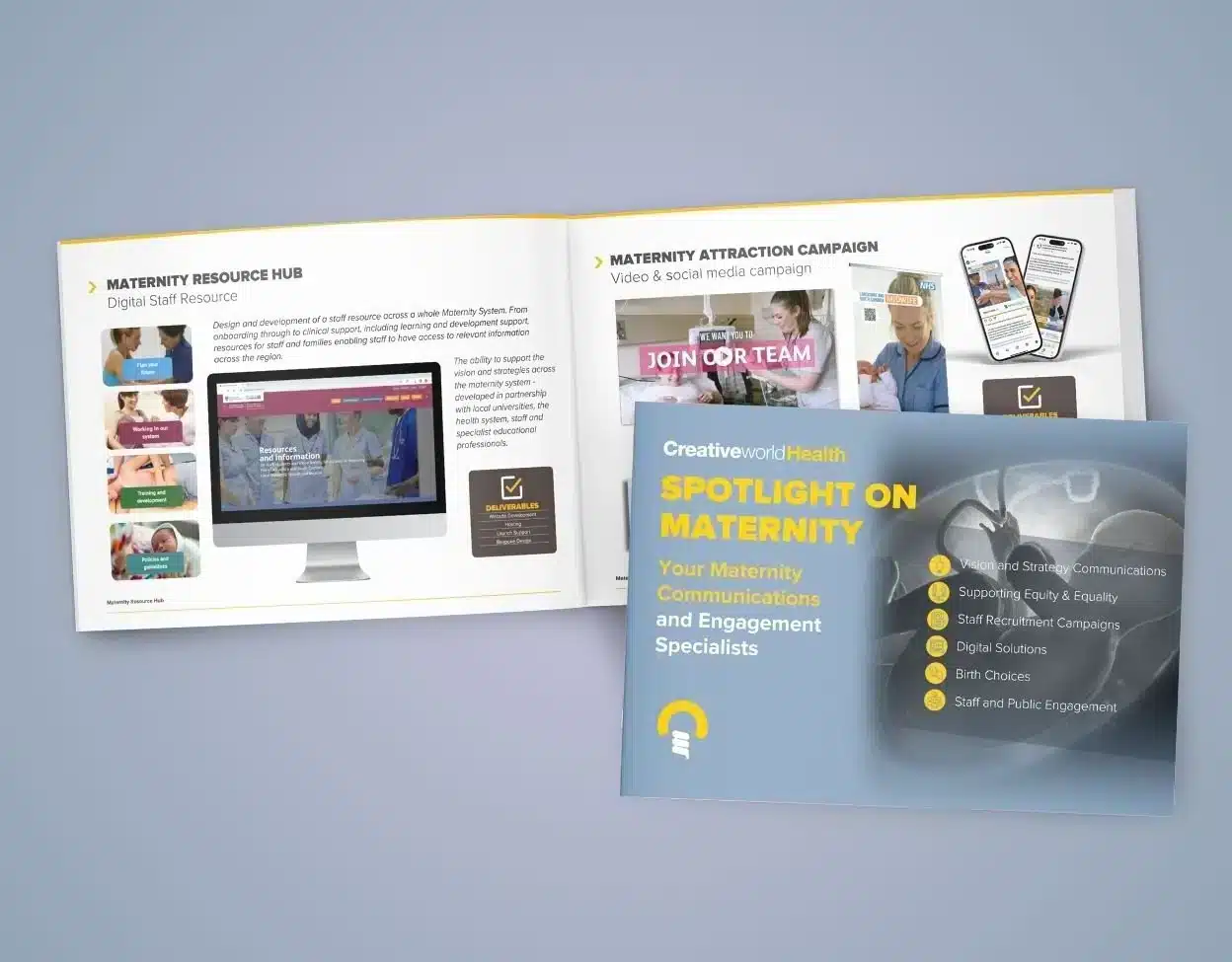 Maternity communications materials displayed on screen.