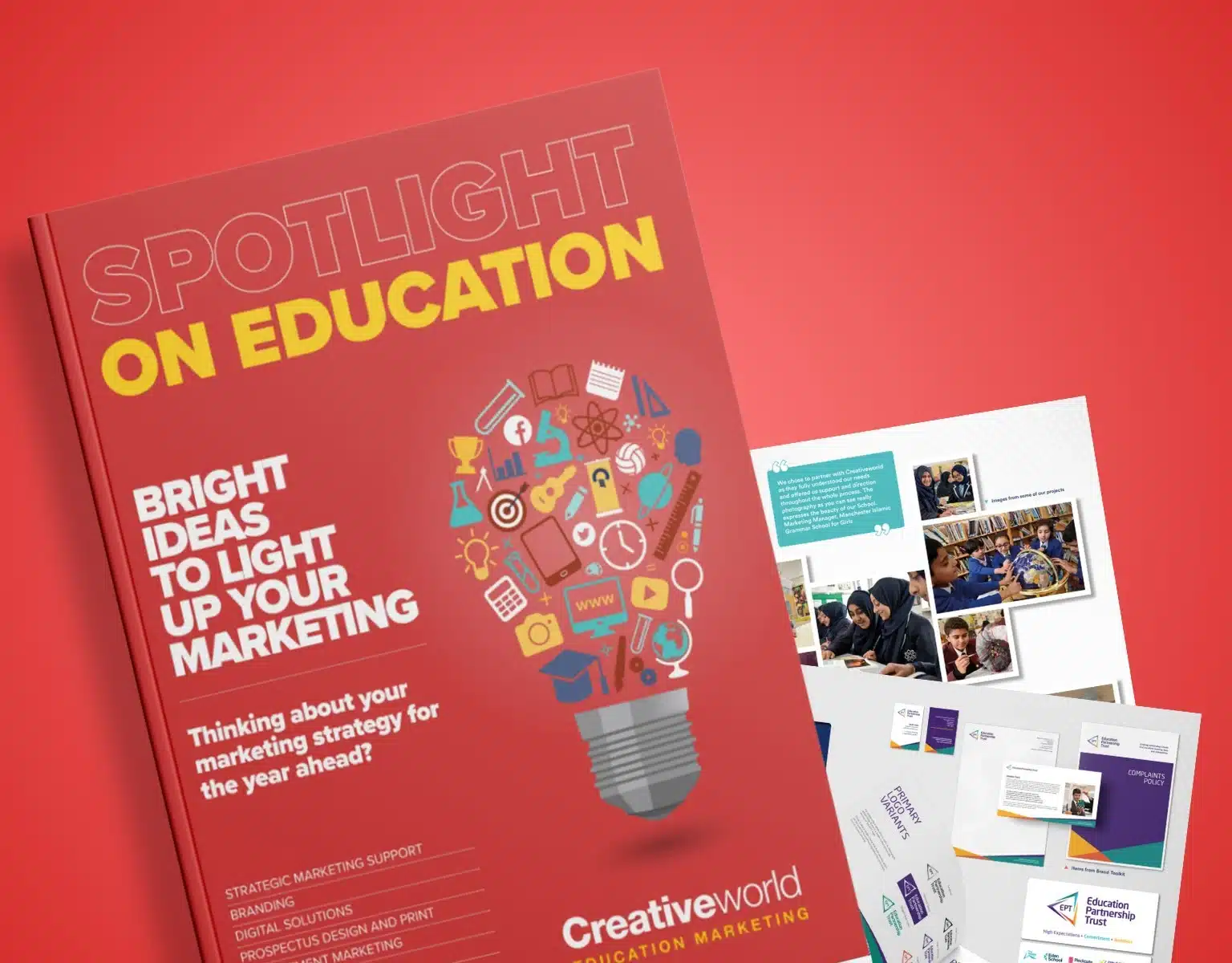 Education marketing brochure with lightbulb illustration