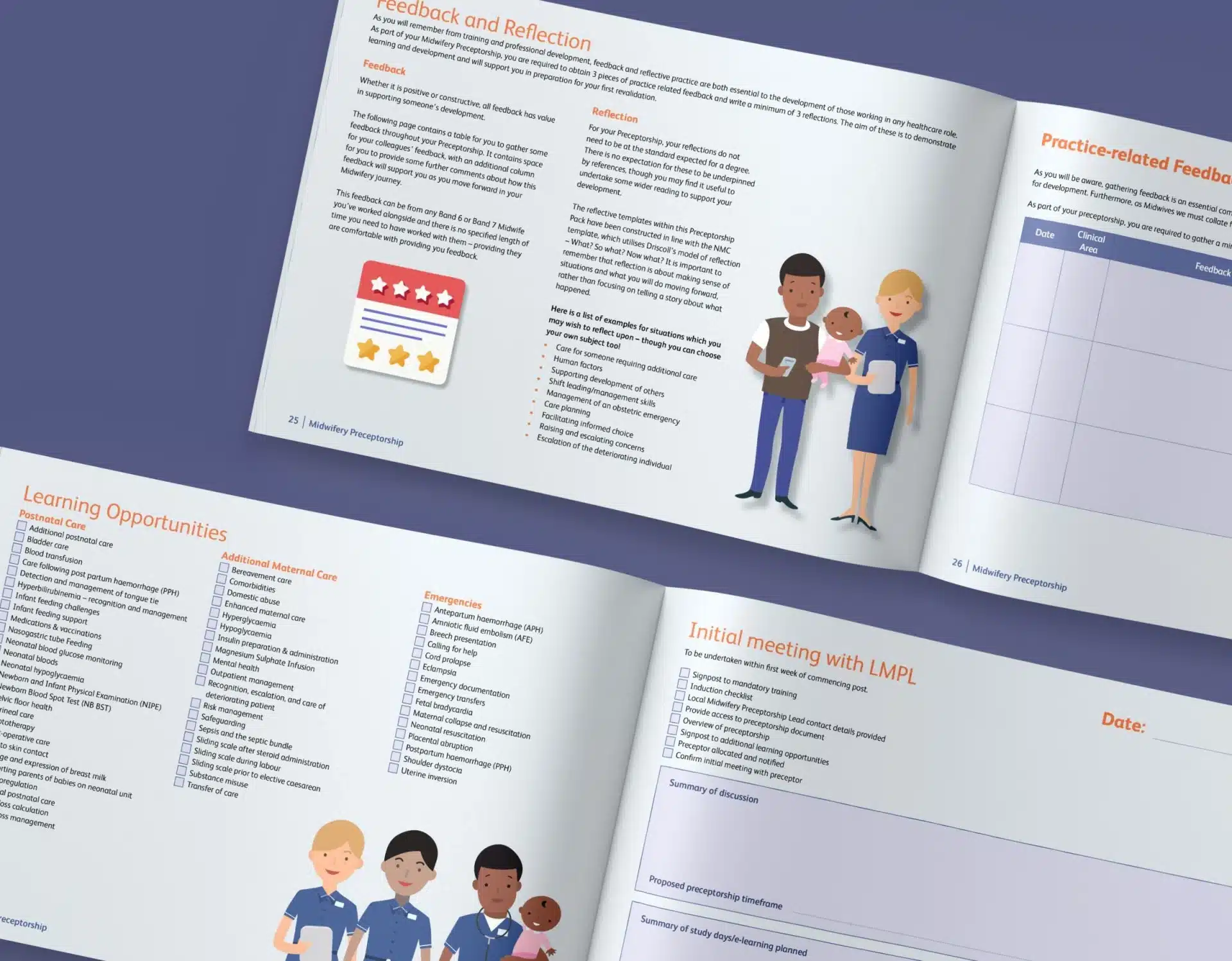 Open midwifery preceptorship guide on table