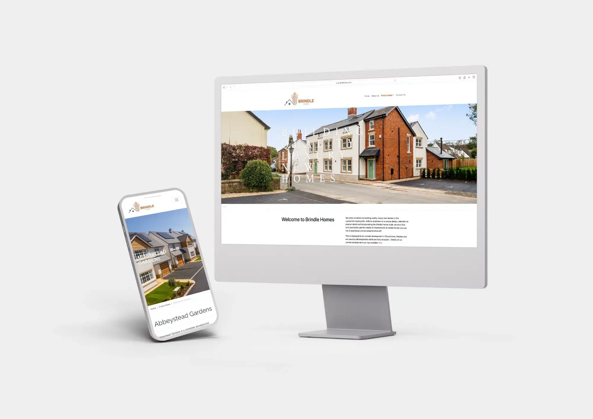 Brindle Homes website displayed on desktop monitor and smartphone