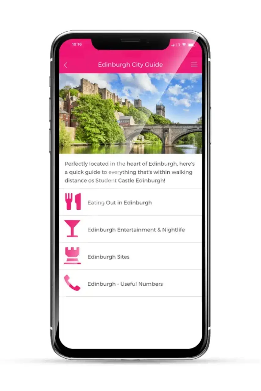 Smartphone displaying Edinburgh City Guide app menu