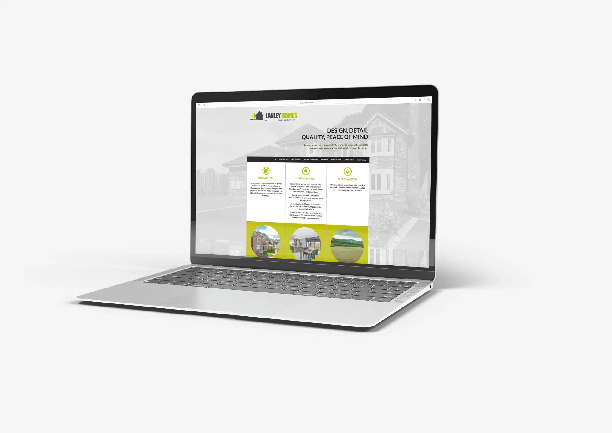 Laptop displaying Lanley Homes property development website