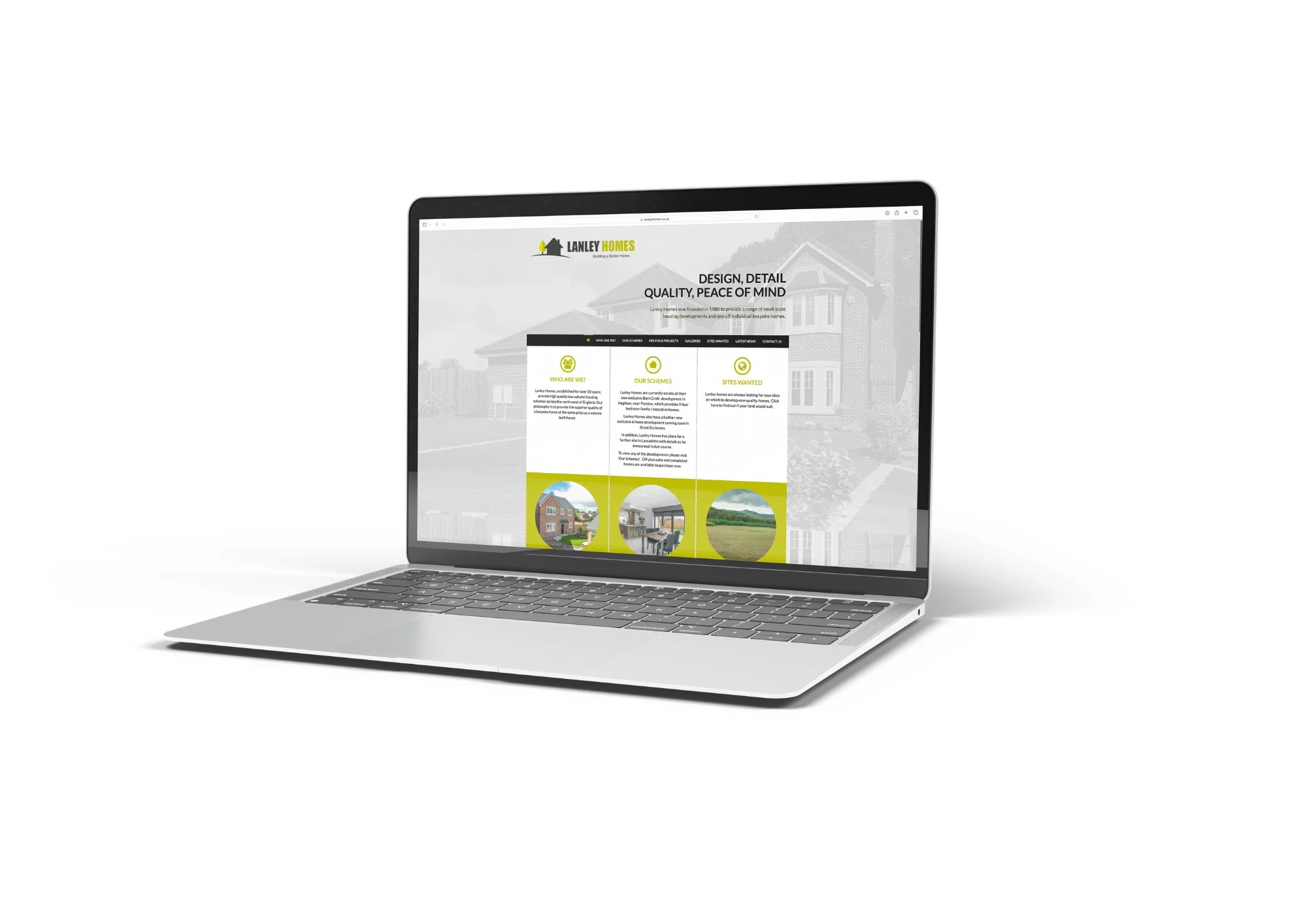 Laptop displaying Lanley Homes property developer website