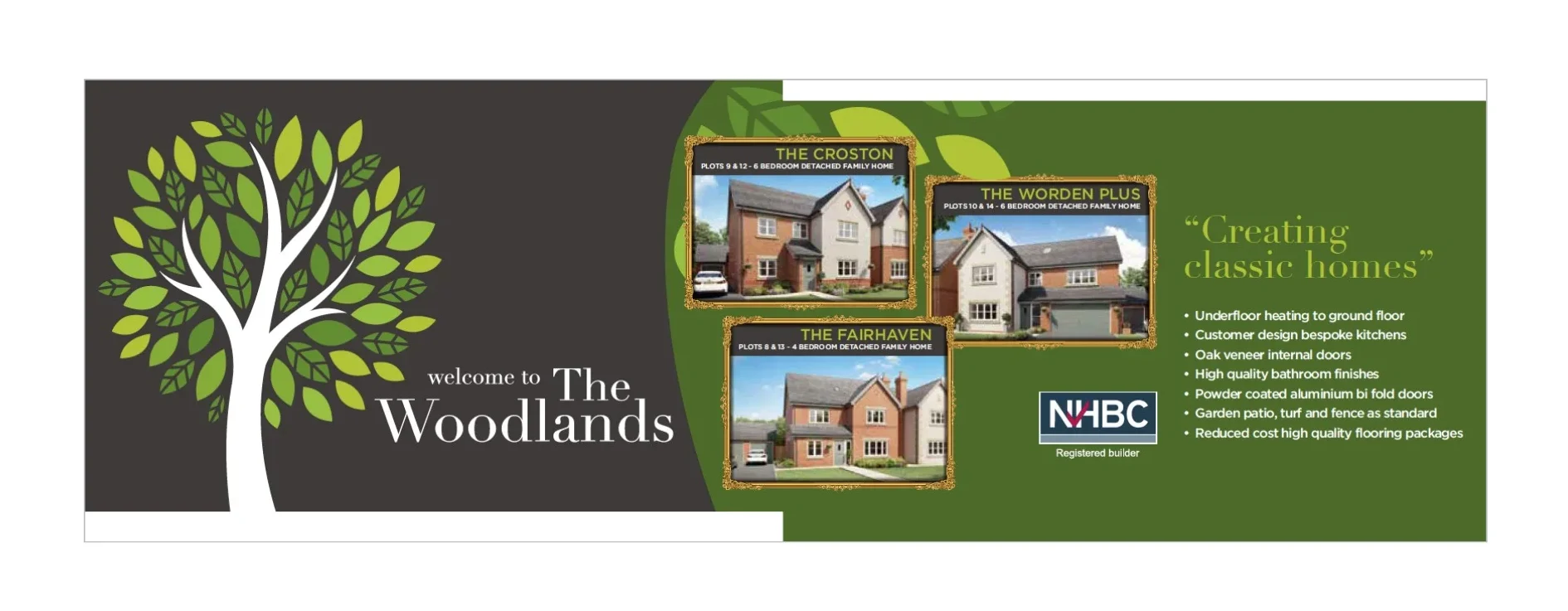 The Woodlands housing development advertisement with three house designs