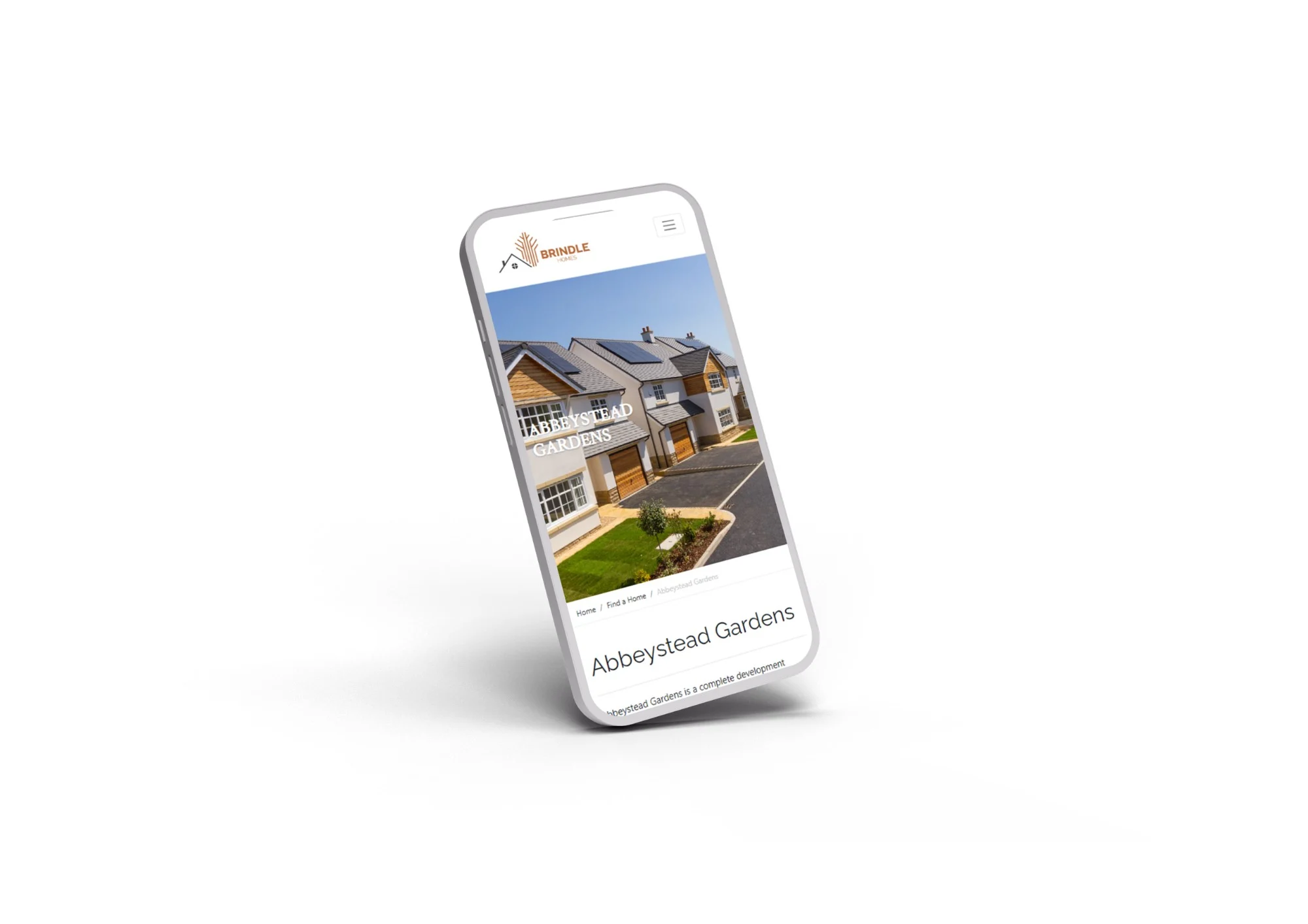 Smartphone displaying Brindle Homes' Abbeystead Gardens property webpage
