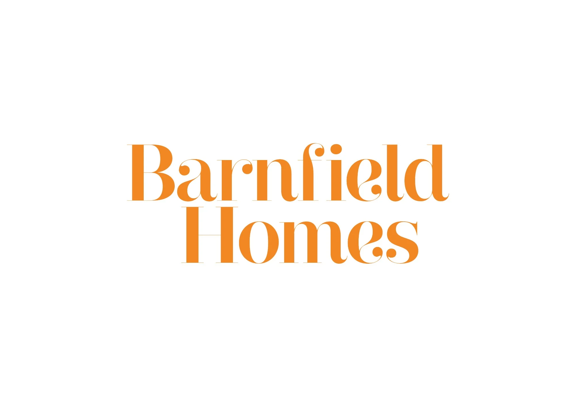 Barnfield Homes logo in orange serif lettering