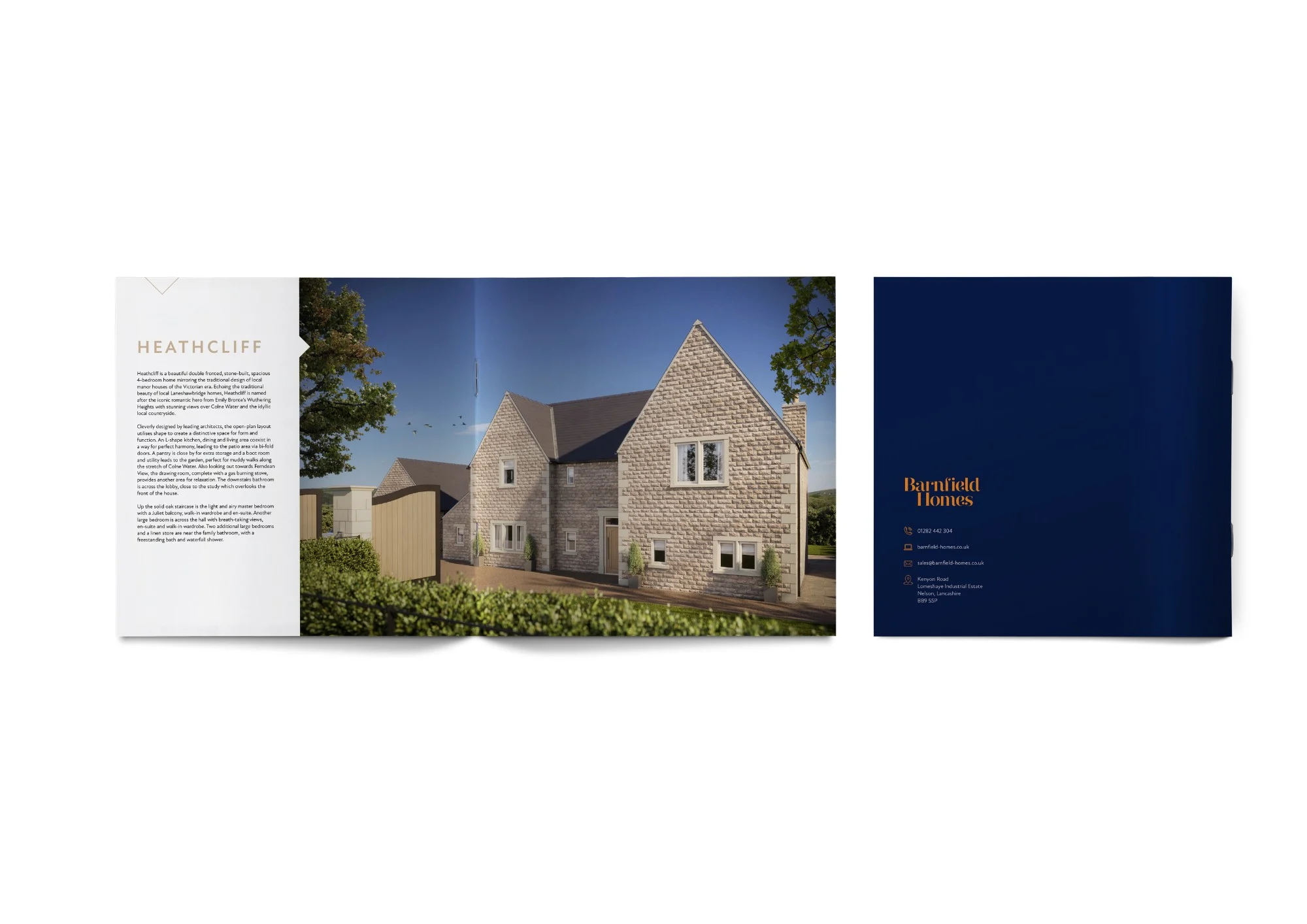Heathcliff property brochure and Barnfield Homes navy folder