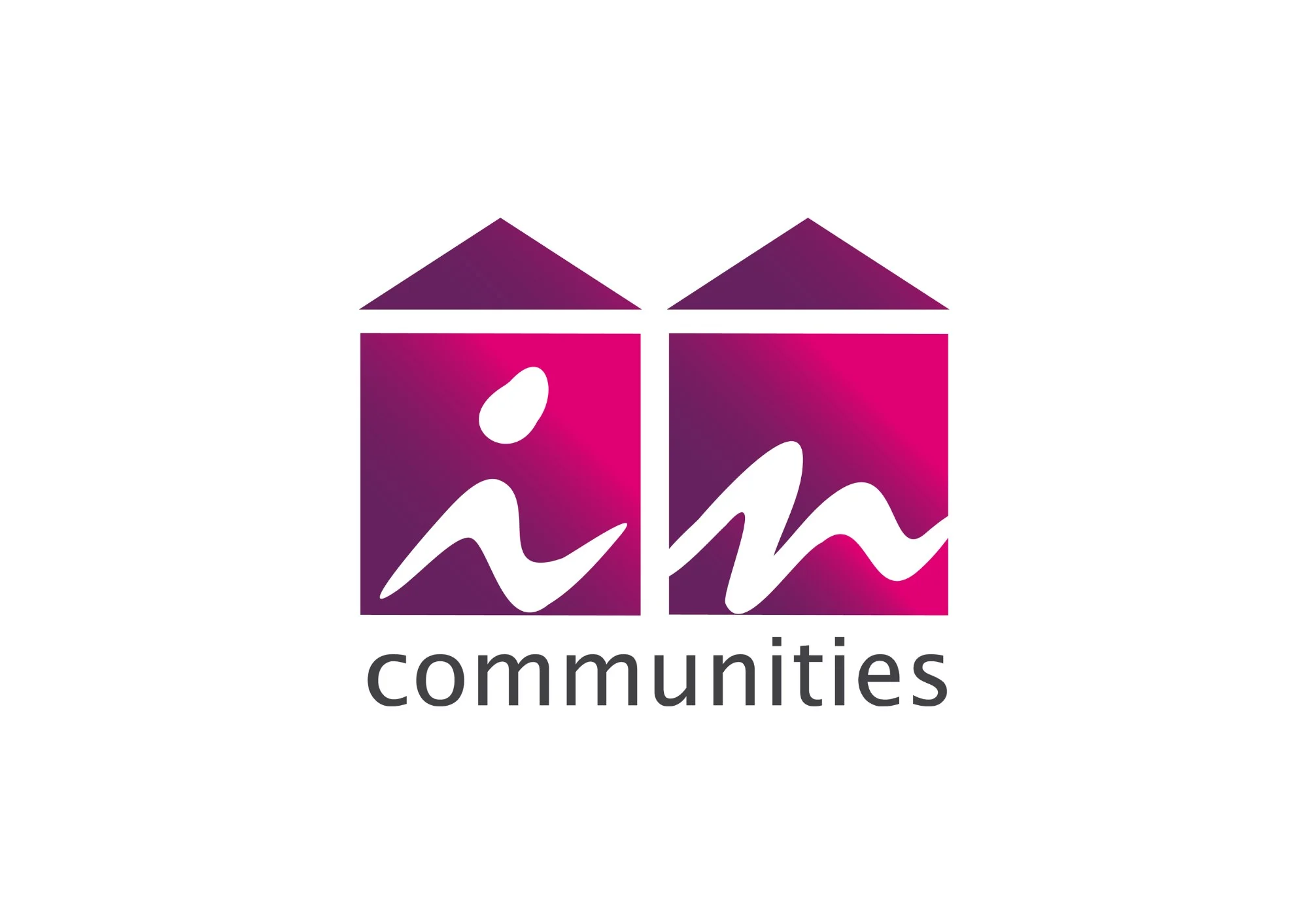 Communities logo with two purple and pink house icons