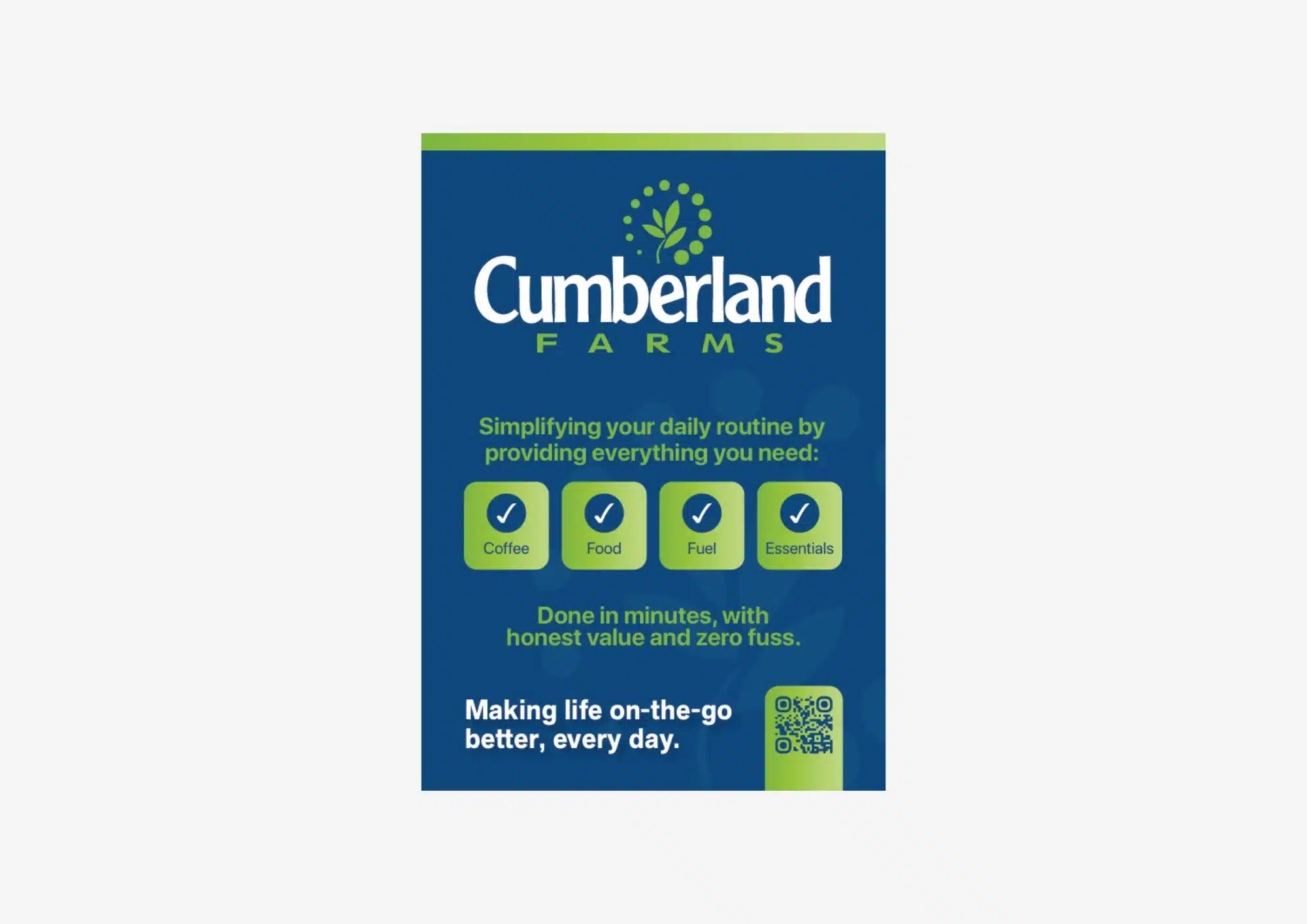 Cumberland Farms advert promoting coffee, food, fuel and essentials