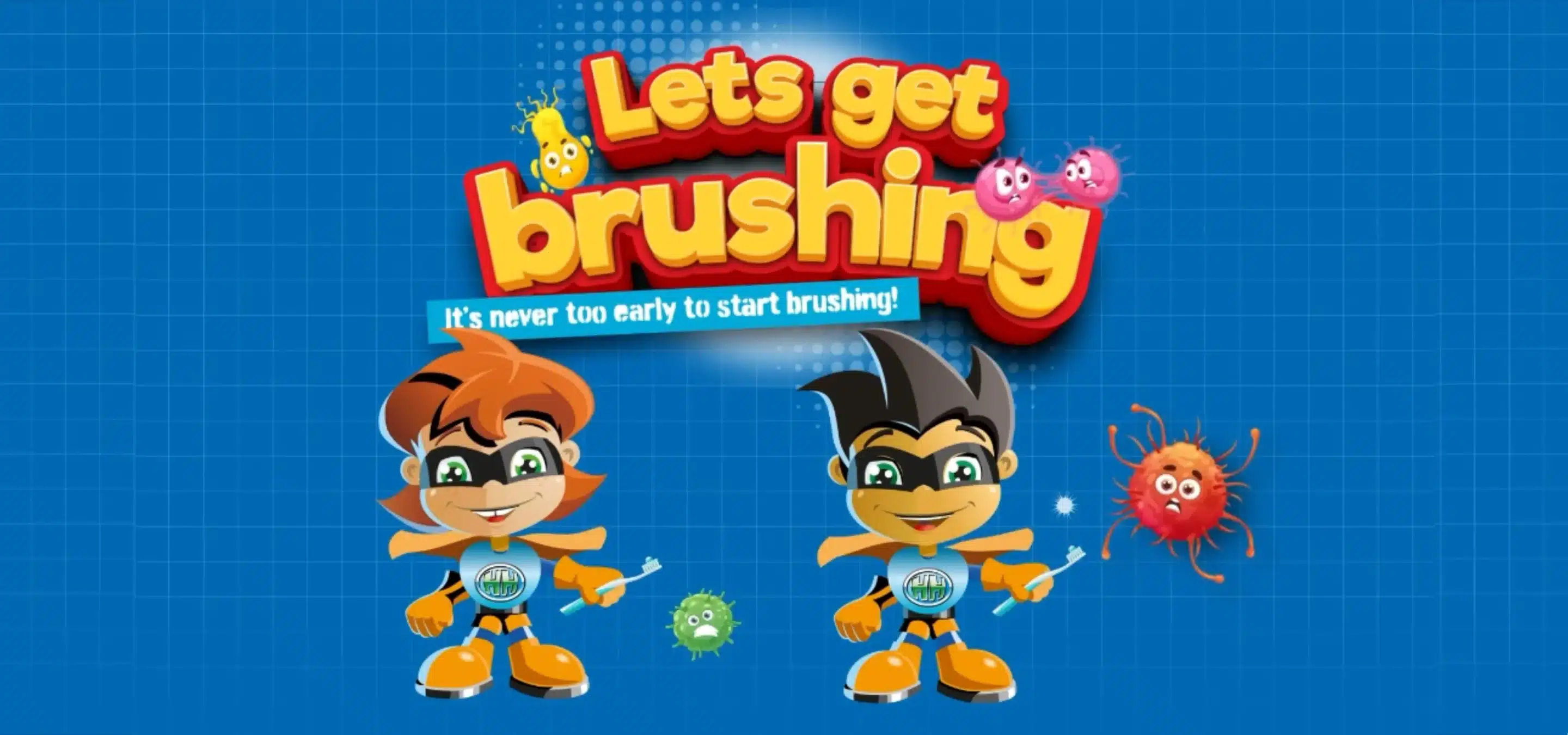3 Cartoon superheroes brush away germs beneath hygiene slogan