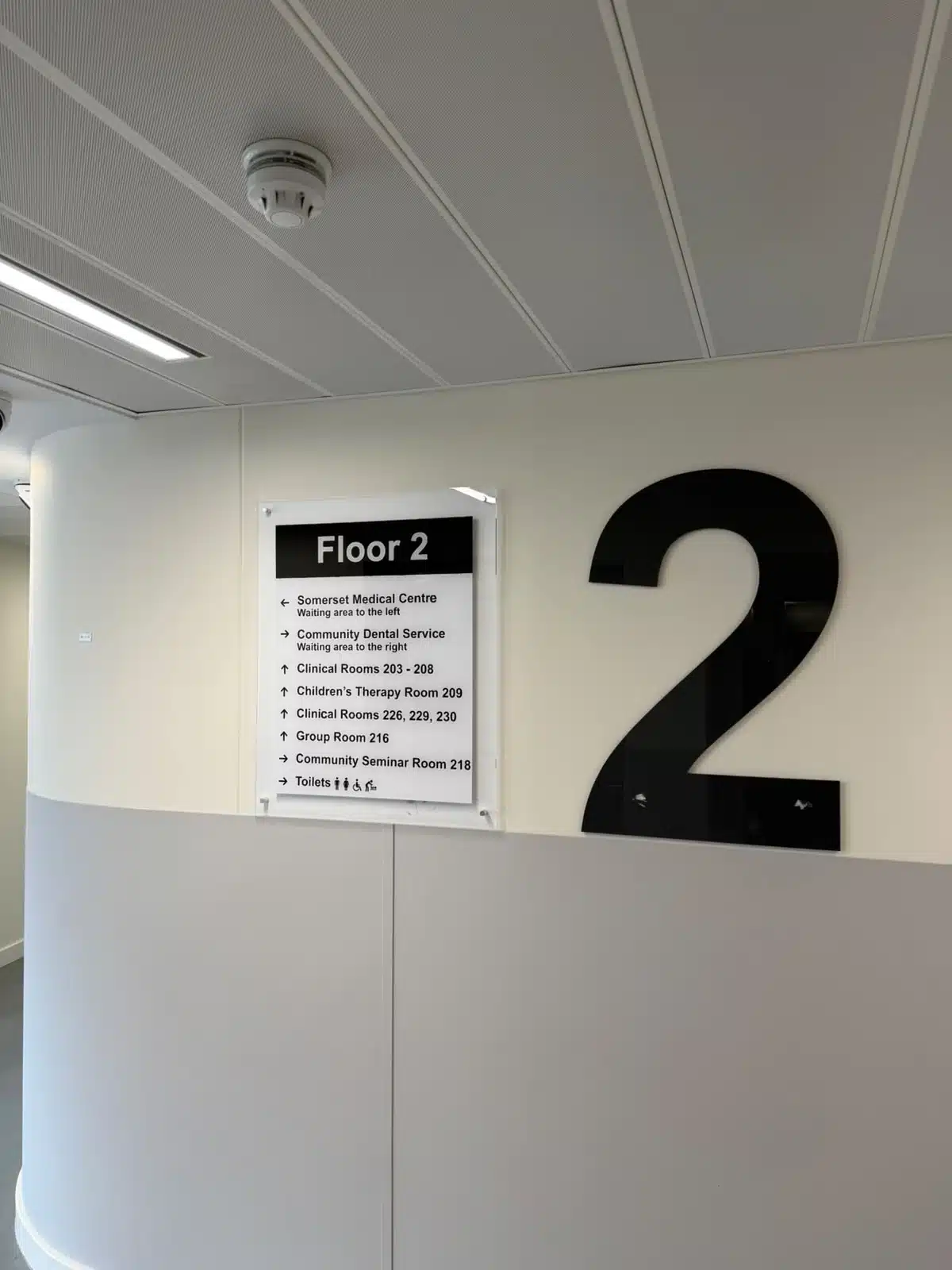 Clear wayfinding on Floor 2, directing visitors to medical, dental and clinical services.