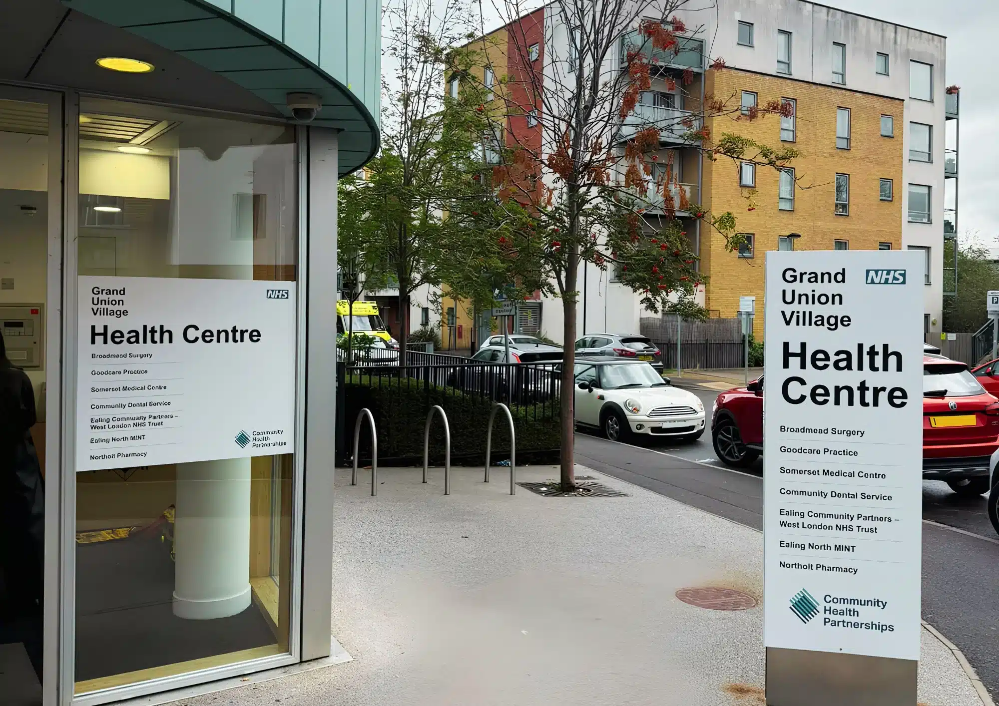 Grand Union Village NHS Health Centre entrance and sign
